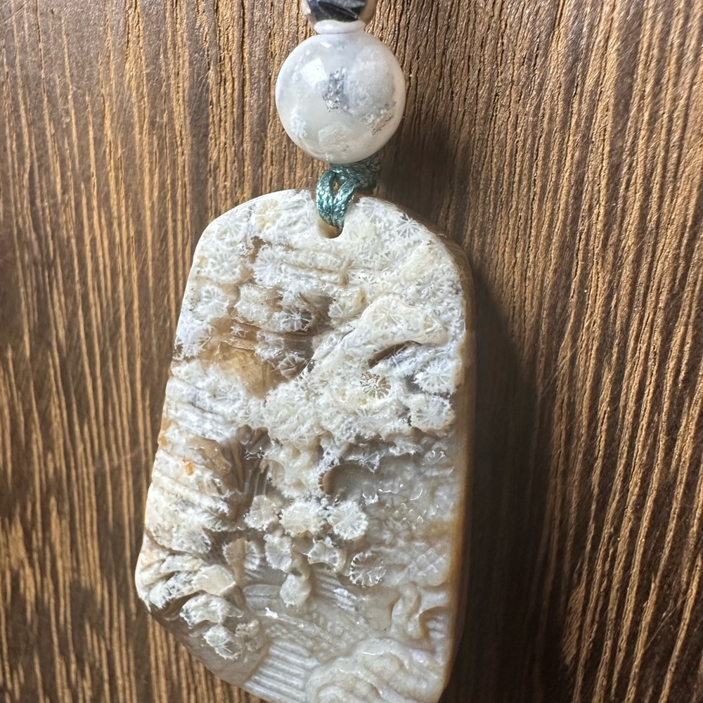 Coral Fossil Flower Agate Landscape Carving Pendant Necklace on Green Lotus Rope - Picture 7 of 10